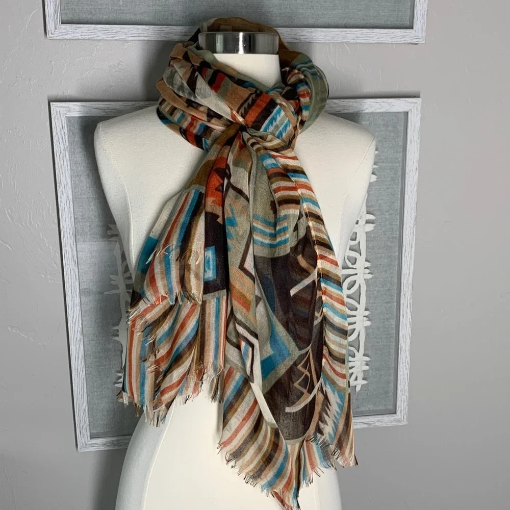 Southwestern print scarf brown, tan, orange, turquoise